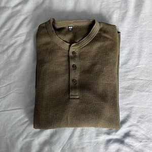 Uniqlo Waffle Long-Sleeve Henley T-Shirt, Olive
